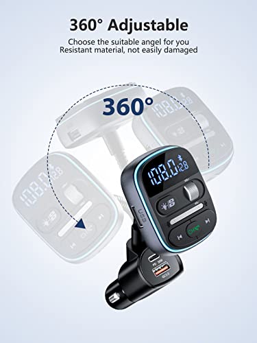 LENCENT Bluetooth FM Transmitter PD 30W, Bluetooth Car Adapter with QC3.0 Fast Charger, Hi-Fi Bass Music, Wireless Radio Receiver Hands-Free Calling, [Color Light]