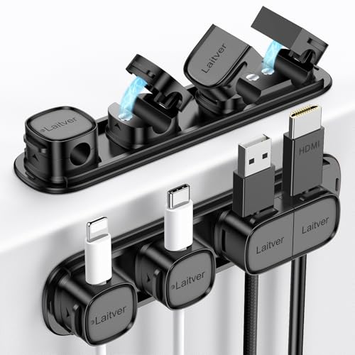 6 Pack Magnetic Cable Clips [1s Open/Lock], Laitver Cord Organizer Holder Strong Adhesive Desk Cable Management- Organize Charging Cords Neatly for Home, Office, Car,Desk, Nightstand-Black - color: Black