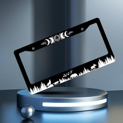 Moon Phases License Plate Frame Wolf Bear Deer License Plate Holder Personalise Stainless Steel Funny Design Compatible with Standard License Plate Frames for USA Canada 6 X 12 in 2 Holes with Screws - color: Moon Phases
