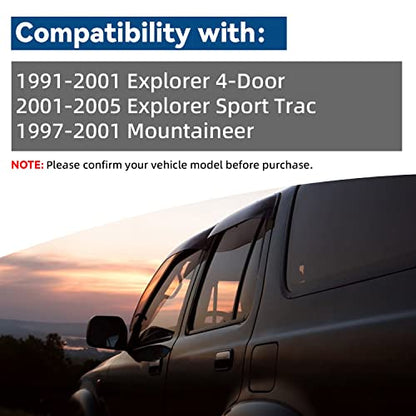 Pack of 4 in Channel Front+Rear Smoke Sun/Rain Guard Mount Tape-On Acrylic Window Visors Compatible with 91-01 Explorer 4-Door 01-05 Sport Trac 97-01 Mercury Mountaineer - size: Compatible with 1991-2001 Ford Explorer