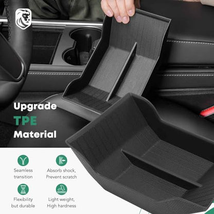YHTAUTO Center Console Organizer Tray Fit for Tesla Model 3 2021-2023 Model Y 2021-2024, TPE Center Control Console Lower Bottom Storage Box with Non-slip Armrest - Black - color: Center Console Lower Bottom