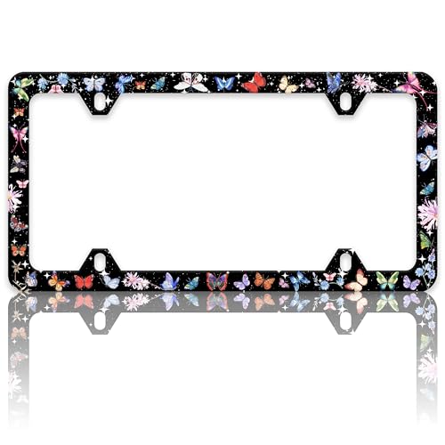 Colorful Butterfly License Plate Frame Dreamy Starry Sky Stars License Plate Holders Funny Auto Accessory Bracket Stainless Steel License Plate Frames with Screws for Women Men 6x12 Inch 4 Holes - color: Colorful Butterfly