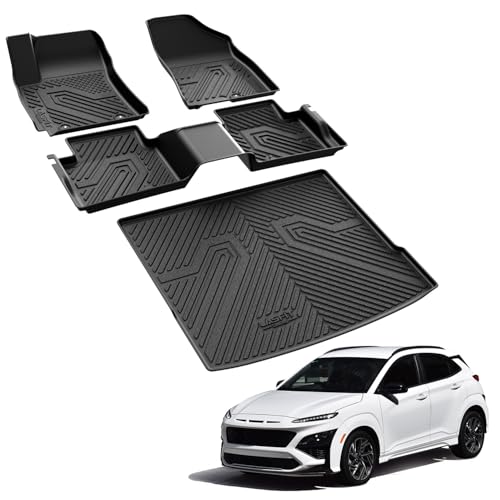 LASFIT Floor Mats & Cargo Mat Fits for Hyundai Kona 2026 2025 2024 N Line/SE/SEL/Limited (Not for EV), All Weather TPE Custom Fit Kona Car Mats & Trunk Liner,Full Set Car Accessories, Black - size: 2)For Hyundai Kona | 2024-2026 | Gas