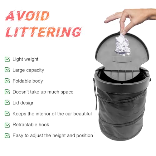 Yourkar Car Trash Can with Lid, Foldable Polyester Pop-Up Auto Trash Can, Portable Large Capacity Vehicle Trash Can with Adjustable Hooks, Universal Interior Car Accessories