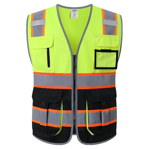 JKSafety 7 Pockets High Visibility Zipper Front Safety Vest With Reflective Strips.Meets ANSI/ISEA Standards(130-Yellow-Black M) - color: Yellow-black, size: Medium