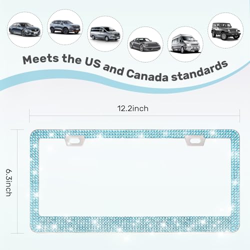 QUANQIUFEI 2 Pack Bling License Plate Frames, Sparkly Rhinestone Diamond Car License Plate Cover for Women, Stainless Steel Car Accessories with Glitter Crystal Caps (Aqua Bohemica) - color: Aqua Bohemica