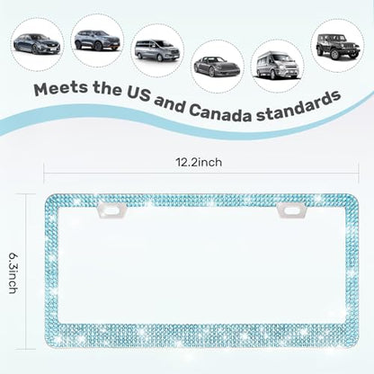 QUANQIUFEI 2 Pack Bling License Plate Frames, Sparkly Rhinestone Diamond Car License Plate Cover for Women, Stainless Steel Car Accessories with Glitter Crystal Caps (Aqua Bohemica) - color: Aqua Bohemica