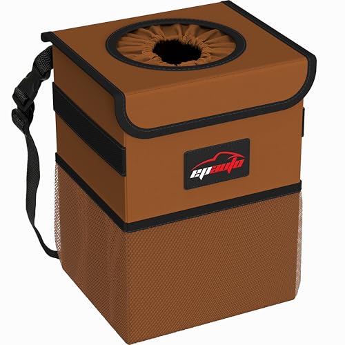 EPAuto Waterproof Car Trash Can with Lid and Storage Pockets, 2.5 Gallon Leakproof, Brown - color: Brown