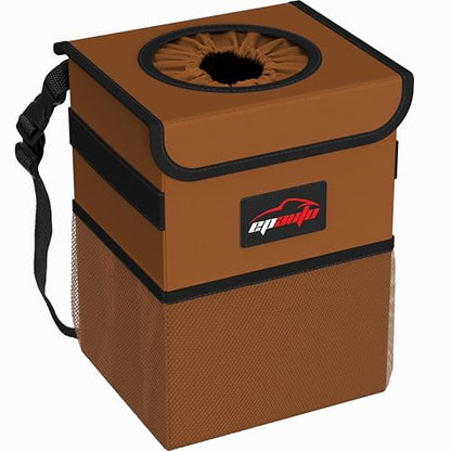 EPAuto Waterproof Car Trash Can with Lid and Storage Pockets, 2.5 Gallon Leakproof, Brown - color: Brown