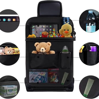 Car backseat organizer,with tablet holder, 6 storage pockets, foldable food tray, car seat back protectors kick mats, travel accessories, black (2)