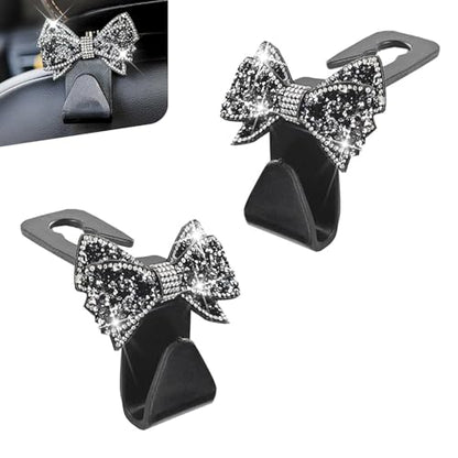 2 PCS Bling Car Seat Headrest Hooks, Crystal Rhinestone Bow Vehicle Hooks, Automotive Purse Hook Hanger for Purses Bags Groceries, Universal Car Rear Seat Organizer (Black) - color: Black