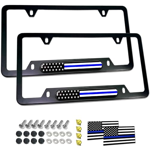 Aootf Police Thin Blue Line License Plate Frames- 2 Pack American Flag Matte Black Aluminum Patriotic Car Tag Cover Holder with Mount Screw Caps, Car Accessories for Officers Men Law Enforcement - color: US flag - thin blue line