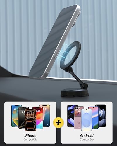 Scosche MagSafe Car Mount, Magnetic Phone Holder for Car Dashboard with Foldable Arm and 360° Swivel Adhesive Base, Secure Car Phone Mount for iPhone 17/16/15/14/13, Compatible with PopSockets