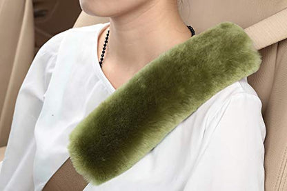U&M 2 Pack Genuine Sheepskin Auto Seat Belt Cover for Adult Youth Kid Toddlers -Soft Warm Car, Truck, SUV, Camera Backpack Strap Shoulder Pad Wool Fluffy - color: bean green