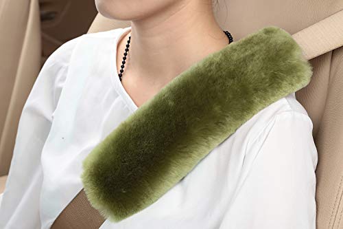 U&M 2 Pack Genuine Sheepskin Auto Seat Belt Cover for Adult Youth Kid Toddlers -Soft Warm Car, Truck, SUV, Camera Backpack Strap Shoulder Pad Wool Fluffy - color: bean green