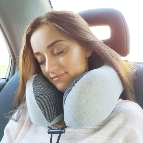 napfun Neck Pillow for Travel with Travel Pouch, Sleep Mask & Earplugs, Memory Foam Airplane Pillow for Headrest Sleep with Eyeshades, Plane Essentials with Eye Blindfold, Light Gray Kit - color: Light Gray Kit