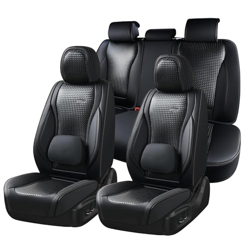 Coverado Car Seat Covers Full Set, Black Seat Covers for Cars, Waterproof Nappa Leather Automotive Seat Covers with Lumbar Head Pillow, Car Seat Protectors, Universal Fit for Most Cars SUV - color: Black（Pillow）, size: FullSet