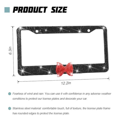 Bling Car License Plate Frame for Women, 2PCS Crystal Rhinestone Stainless Steel Vehicle Plate Holder, Glitter Diamond Sparkly Auto Plate Cover Accessories, Universal Fit (Black/Red Bow) - color: Black/Red Bow