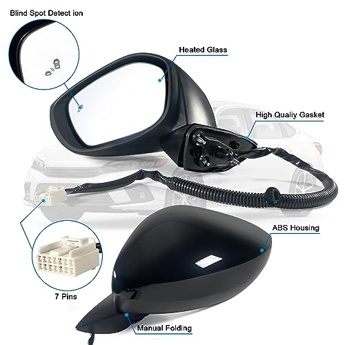Left Driver Side Mirror Fits 2022-2026 HONDA CIVIC Sedan/Hatchback With Power Glass, Heated, Blind Spot Detection and Manual Folding Match to Crystal Black Pearl Replace HO1320351 (7 Pins) - size: L-7Pins