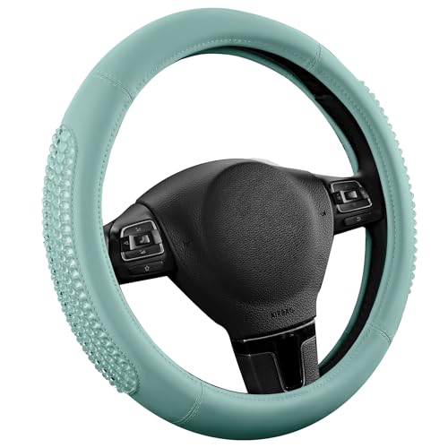 PIC AUTO Steering Wheel Cover, Glitter Gel Particles & Mint Luxury Leather Car Steering Cover, Universal Fit 14.5"-15.5" Anti-Slip Car Wheels Cover for Girls & Women - color: Mint