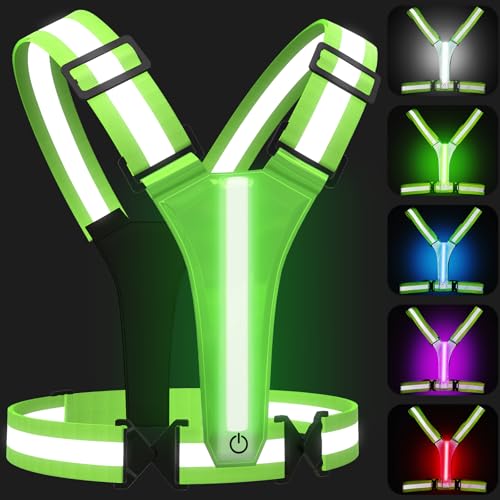 LED Reflective Vest Running Gear, 5 Colors Lights Up Running Vest for Night Walking Cycling Jogging, Adjustable Size for Men Women Kids, Rechargeable and High Visible - color: Green