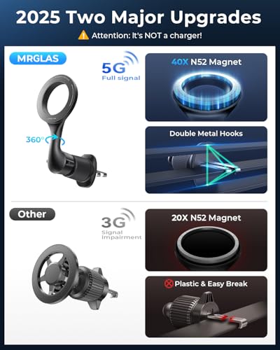 MRGLAS for MagSafe Car Mount [Upgraded 40 Strong Magnets] [360° Rotation] Air Vent Magnetic Phone Holder [Double Metal Hook] Car Phone Holder Mount Compatible iPhone 17 16 15 Pro Max S26 Ultra S25 - color: Black