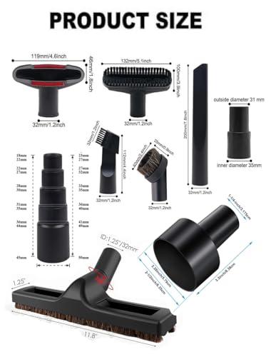 10-PCS Vacuum Attachment Kit for 1.25” (32mm) Hose – Universal Floor Brush, Dusting Tool, Crevice Nozzle & Adapters for Shop-Vac, Home, Car & Garage Cleaning