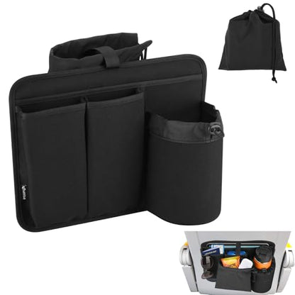 Airplane Seat Back Organizer, Flight Travel Organizer with 3 Metal Clips for Seat Back, Foldable Seatback Hanging Pocket with Storage Bag for Tablet, Passport, Phone, Water Bottle