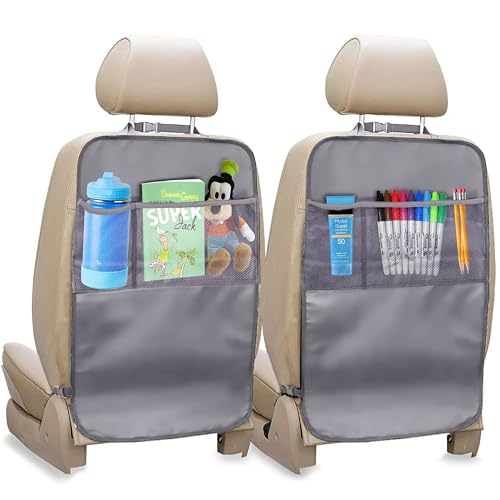 EcoNour 2-Pack Back of Seat Protector for Kids Feet | Grey Oxford Fabric Car Kick Mats with 2 Pocket Organizer | Seat Protector for Vehicles from Dirt, Mud & Scratches | Car Accessories - color: Grey 22 Inch