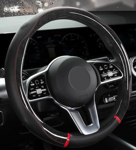 Peach Wood Grain Steering Wheel Cover Anti-Slip Breathable Durable Leather Four Seasons Universal 15 Inch Car Wrap Cover (Black-Red) - color: Black-Red