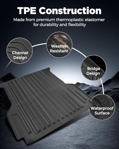 Full Set Car Truck 5FT Bed Mat & Floor Mats for Ford Ranger SuperCrew Cab: 2024-2026 All-Weather Mats for XLT Raptor Lariat XL with 5ft TPE Trunk Bedmat, Anti-Slip Waterproof Protection Accessories