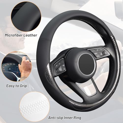 KAFEEK Carbon Fiber Steering Wheel Cover, Universal 15 inch Black,Anti-Slip, Odorless - color: Black-3, size: Standard Size[14.5"-15"]