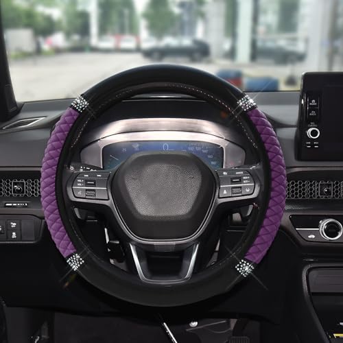 Bling Soft Leather Steering Wheel Cover, 15 Inch Colorful Rhinestones Auto Elastic Steering Wheel Protector for Women Girls, Car Accessories Anti Slip Steering Wheel Cover for Cars, SUVs (Purple) - color: Purple