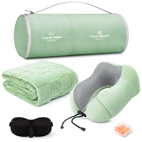 urnexttour Travel Pillow and Blanket Set Neck Pillows Soft Blankets with Sleep Mask Travel Essentials for Airplane Car Memory Foam Sage Green - color: B-sage Green