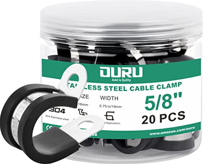 OURU 20pcs 5/8 Inch Stainless Steel Cable Clamps,Rubber Coated Cushioned Insulated Cable Clamp,Automotive Cable Wire Clamps,Pipe Clamps,Metal Clamp for Tube,Lines,Wire Cord Installation(Black,16mm) - size: 20pcs - 5/8"