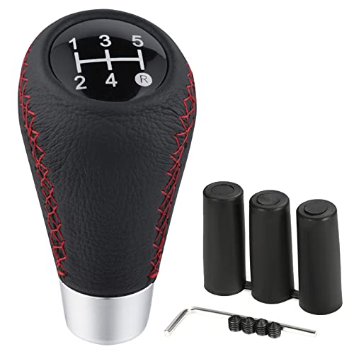 Shifter Knobs 5 Speed Car Gear Stick Leather Shifter Lever Handle Fit Most Manual Vehicle, Black Leather - color: Black with red stitching
