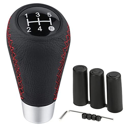 Shifter Knobs 5 Speed Car Gear Stick Leather Shifter Lever Handle Fit Most Manual Vehicle, Black Leather - color: Black with red stitching