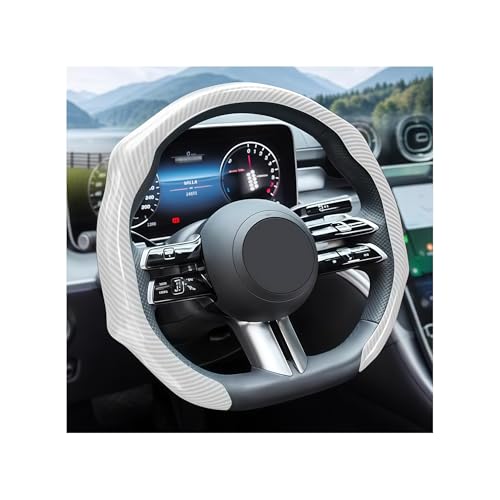 Zpana Carbon Fiber Car Steering Wheel Cover, Leather Non-Slip Vehicle Steering Wheel Cover for 14.5-15 Inch, Comfortable Auto Interior Protector Decoration Accessories, Universal Fit(White) - color: White