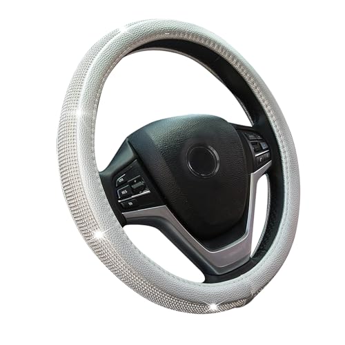 New Diamond Leather Steering Wheel Cover with Bling Bling Crystal Rhinestones, Universal Fit 15 Inch Car Wheel Protector for Women Girls Silver - color: Silver with White Diamonds, size: Standard Size[14"1/2-15"]