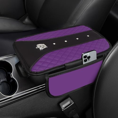 NBTEPEM Bling Crown Car Center Console Armrest Cover, Leather Middle Console Cover Cushion with 2 Storage Bags, Car Armrest Storage Box Interior Accessories for Most Vehicles(Purple) - color: Purple