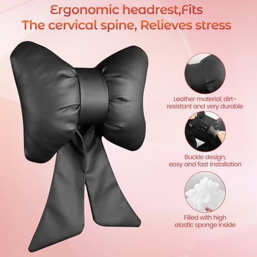 2 Pcs Black Bow Car Neck Pillows Softness Car Headrest Pillow for Driving With Adjustable Strap Leather Material Wear-Resistant and Dirt-Resistant Perfect Choice for Both Beauty and Comfort - color: Black