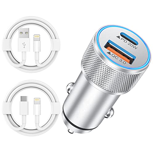 iPhone Fast Car Charger,[Apple Certfied] 38W Dual USB C Car Charger Adapter All Metal 2 Port Quick Charging with 2Pack Apple Lightning Cable for iPhone 13 Pro Max Mini 12 11 Xr Xs X 8 AirPods iPad - color: Silver, size: USB A & USB C