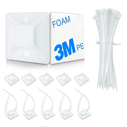 HUASAI 4/5" 100 Pack Zip Tie Mount With Cable Ties,Self Adhesive-backed Mounts for Wire Holder, White Cable Management Clips Wall Anchors - color: White