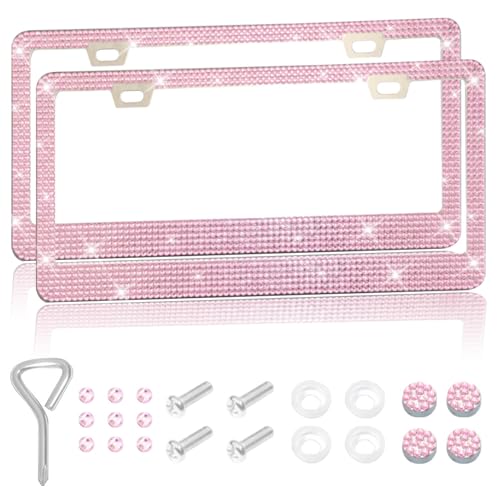 2 Packs Bling License Plate Frames, Bedazzled Sparkly Cute Water Diamond Stainless Steel，Car Accessories with Diamond Sparkle Glitter Caps，Suitable for Both Men and Women(Pink) - color: Pink, size: 2