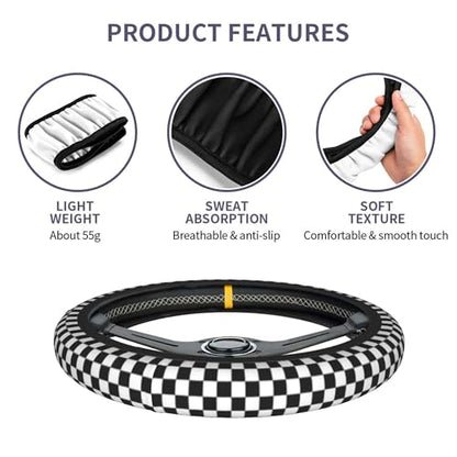 Checkered Steering Wheel Cover Checkered Black and White Steering Wheel Cover Checkereds Anti-Slip Breathable Universal for 14-15 Inch Car with 2 Pieces Car Coasters for Men Women - color: Checkered-Black and White