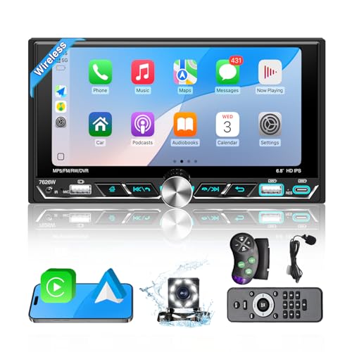 Double Din Car Stereo 6.8" Touch Screen with Apple CarPlay & Android Auto, Physical Knob Control, Bluetooth 5.0, Wireless Apple Car Play Radio, MirrorLink, FM/AM, Backup Camera, USB/Type-C