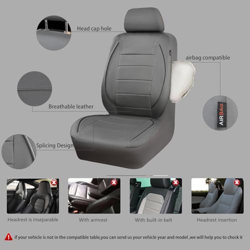 CAR PASS Piping Faux Leather Car Seat Cover Full Set,Grey Breathable Leather Seat Covers for Cars, Airbag Compatible,Universal Fit for SUVs,Van,Sedans,Small Trucks (Full Set, All Gray) - color: Grey with charcoal stripes