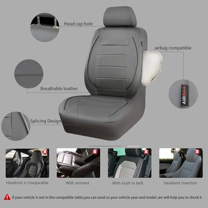 CAR PASS Piping Faux Leather Car Seat Cover Full Set,Grey Breathable Leather Seat Covers for Cars, Airbag Compatible,Universal Fit for SUVs,Van,Sedans,Small Trucks (Full Set, All Gray) - color: Grey with charcoal stripes