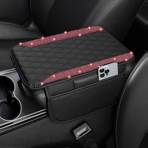 NBTEPEM Bling Car Center Console Armrest Cover, Microfiber Leather and Diamond Middle Console Cover with 2 Storage Bags, Bling Accessories Interior for Most Vehicles (Red Diamond) - color: Red Diamond