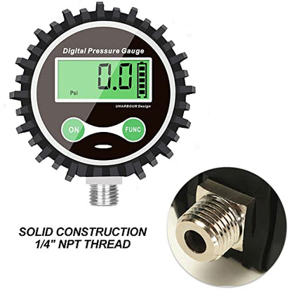 Digital Air Pressure Gauge with 1/4'' NPT Bottom Connector and Rubber Protector, 5-200psi Tire Pressure Gauge, Accuracy 1% F.S. - size: 5-200PSI